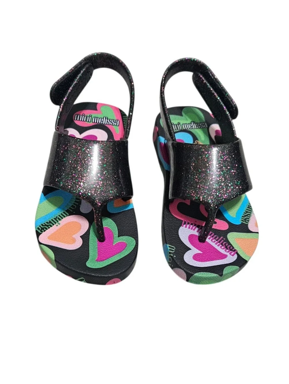 Mini Melissa Black Glitter Shiny Flipflop Sandals NEW